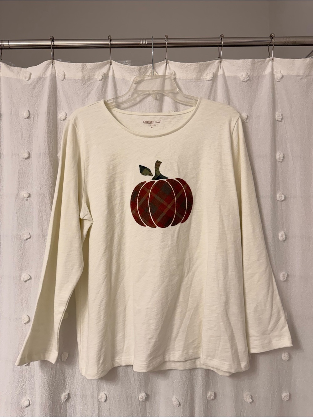 Coldwater Creek Cream Long Sleeve Tee with Red Plaid Pumpkin Motif